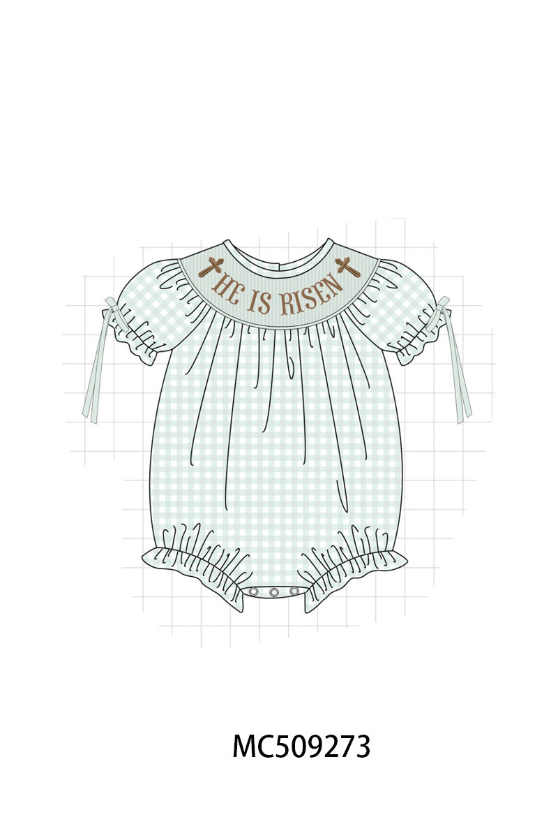 PO66 Sage easter he is risen smocked gingham collection