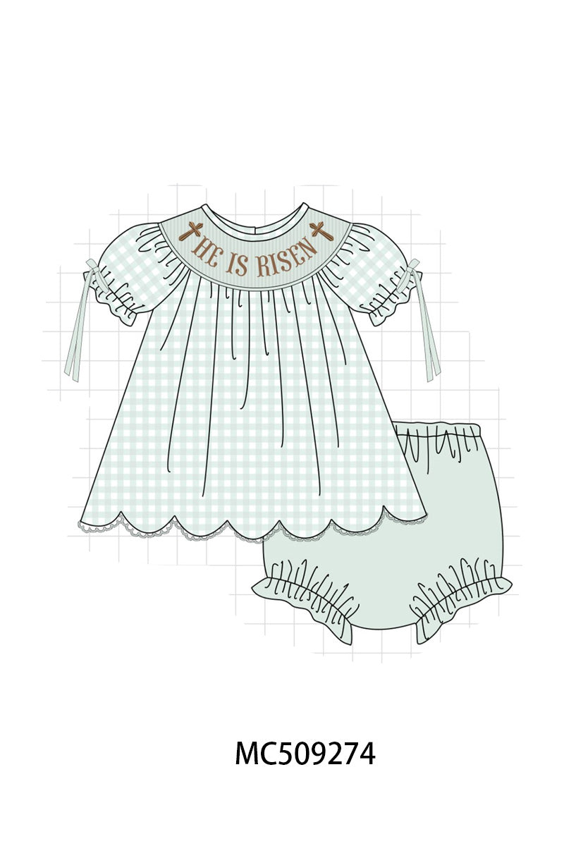 PO66 Sage easter he is risen smocked gingham collection