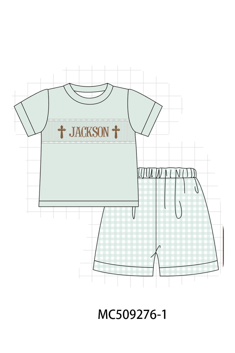 PO66 Sage easter monogram smocked gingham collection