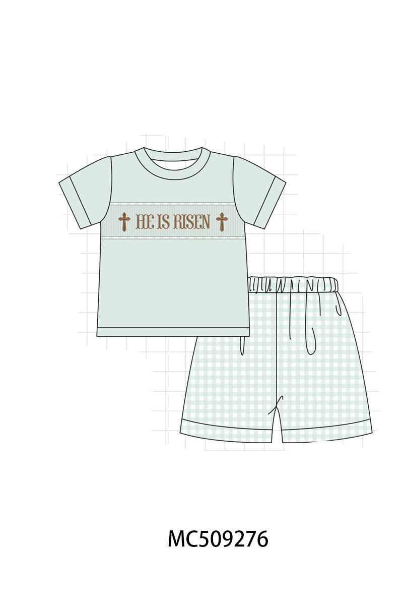 PO66 Sage easter he is risen smocked gingham collection
