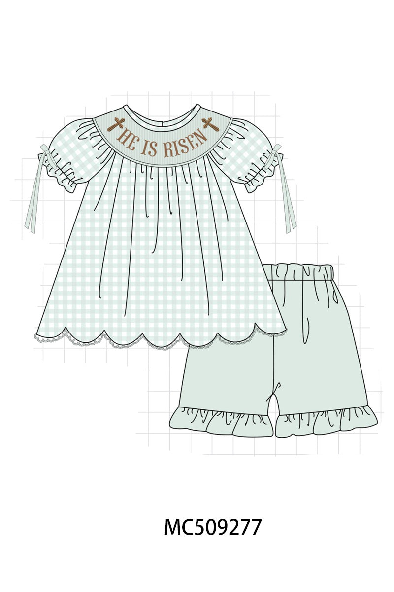 PO66 Sage easter he is risen smocked gingham collection