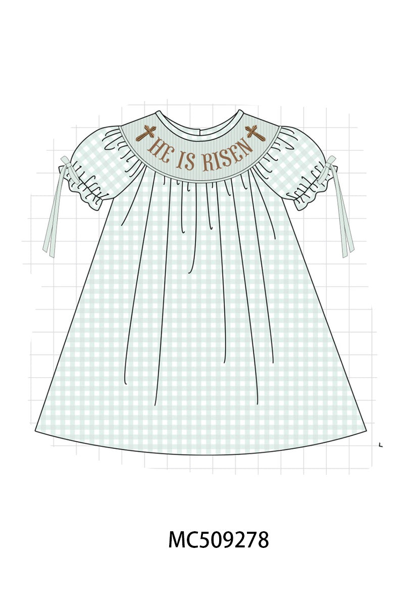 PO66 Sage easter he is risen smocked gingham collection