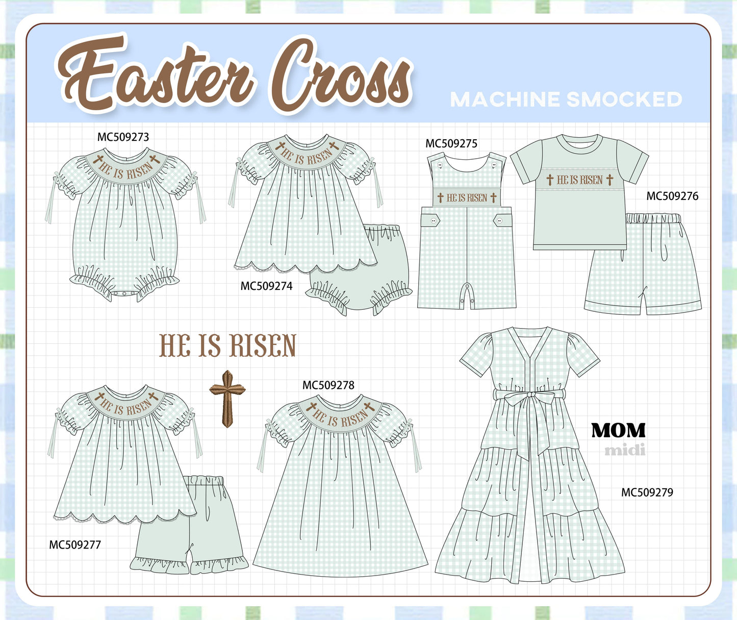 PO66 Sage easter he is risen smocked gingham collection