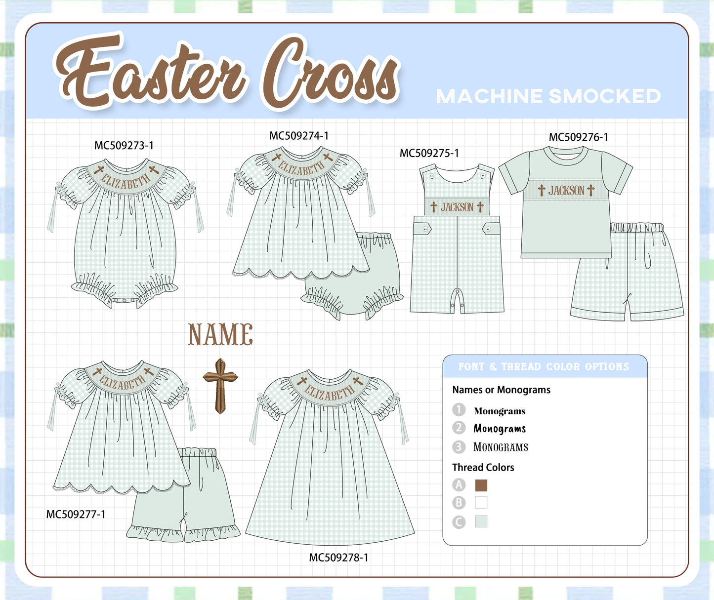 PO66 Sage easter monogram smocked gingham collection
